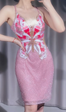 Ndyad Pink Spaghetti Straps Sheath Beaded Short Prom Dresses Retro Evening Dress HZ1024