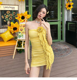 Ndyad Yellow Strapless Bodycon Chiffon Short Party Dress Homecoming Dress HZ1024