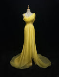 Ndyad Yellow Spaghetti Straps Sheath Tulle Long Prom Dresses Formal Evening Gowns HZ1024
