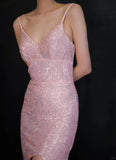 Ndyad Pink V Neck Sheath Sequin Long Prom Dresses Formal Evening Dress with Slits HZ1024
