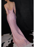 Ndyad Pink V Neck Sheath Sequin Long Prom Dresses Formal Evening Dress with Slits HZ1024