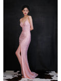 Ndyad Pink V Neck Sheath Sequin Long Prom Dresses Formal Evening Dress with Slits HZ1024