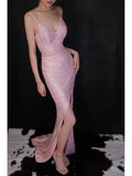 Ndyad Pink V Neck Sheath Sequin Long Prom Dresses Formal Evening Dress with Slits HZ1024