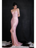 Ndyad Pink V Neck Sheath Sequin Long Prom Dresses Formal Evening Dress with Slits HZ1024
