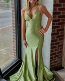 Ndyad Green V Neck Mermaid Satin Long Prom Dresses Formal Evening Dress with Slits HZ1024