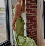 Ndyad Green V Neck Mermaid Satin Long Prom Dresses Formal Evening Dress with Slits HZ1024