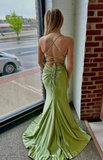 Ndyad Green V Neck Mermaid Satin Long Prom Dresses Formal Evening Dress with Slits HZ1024