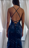 Ndyad Navy Blue V-neck Mermaid Tulle Sequin Long Prom Dresses Elegant Backless Evening Gowns HZ1024