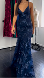 Ndyad Navy Blue V-neck Mermaid Tulle Sequin Long Prom Dresses Elegant Backless Evening Gowns HZ1024