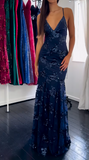 Ndyad Navy Blue V-neck Mermaid Tulle Sequin Long Prom Dresses Elegant Backless Evening Gowns HZ1024