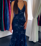 Ndyad Navy Blue V-neck Mermaid Tulle Sequin Long Prom Dresses Elegant Backless Evening Gowns HZ1024