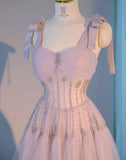 Ndyad Light Purple A-Line Straps Tulle Long Prom Dresses Sweet 16 Evening Gowns HZ1024