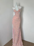 Ndyad Pink Spaghetti Straps Sheath Sequin Long Prom Dresses Formal Evening Gowns with Slits Wedding Guest Dress HZ1024