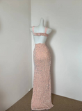 Ndyad Pink Spaghetti Straps Sheath Sequin Long Prom Dresses Formal Evening Gowns with Slits Wedding Guest Dress HZ1024