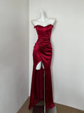 Ndyad Red Strapless Mermaid Satin Long Prom Dresses Glamour Evening Gowns with Slits HZ1024