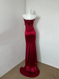Ndyad Red Strapless Mermaid Satin Long Prom Dresses Glamour Evening Gowns with Slits HZ1024