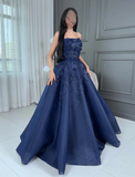 Ndyad Navy Blue Strapless A-Line Tulle Long Prom Dresses Formal Evening Gowns with Appliques HZ1024