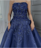 Ndyad Navy Blue Strapless A-Line Tulle Long Prom Dresses Formal Evening Gowns with Appliques HZ1024
