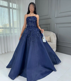 Ndyad Navy Blue Strapless A-Line Tulle Long Prom Dresses Formal Evening Gowns with Appliques HZ1024