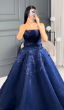 Ndyad Navy Blue Strapless A-Line Tulle Long Prom Dresses Formal Evening Gowns with Appliques HZ1024