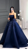 Ndyad Navy Blue Strapless A-Line Tulle Long Prom Dresses Formal Evening Gowns with Appliques HZ1024