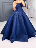 Ndyad Navy Blue Strapless A-Line Tulle Long Prom Dresses Formal Evening Gowns with Appliques HZ1024