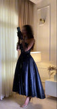 Ndyad Navy Blue Strapless A-Line Tulle Long Prom Dresses Formal Evening Gowns with Appliques HZ1024