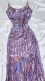 Ndyad Purple Spaghetti Straps Sheath Sequin Chiffon Long Stunning Prom Dresses with Tassels & Beading HZ1024