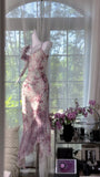 Ndyad V-neck Sheath Printed Chiffon Long Prom Dresses Retro Evening Gowns HZ1024