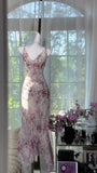 Ndyad V-neck Sheath Printed Chiffon Long Prom Dresses Retro Evening Gowns HZ1024