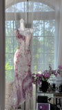 Ndyad V-neck Sheath Printed Chiffon Long Prom Dresses Retro Evening Gowns HZ1024