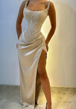 Ndyad Light Champagne Strapless Sheath Beaded Satin Long Prom Dresses Formal Evening Gowns with Slits HZ1024