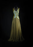 Ndyad Green V-neck A-Line Tulle Satin Long Prom Dresses Retro Evening Gowns HZ1024