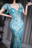 Ndyad Blue Sweetheart Neck Sheath Chiffon Prom Dresses HZ1024