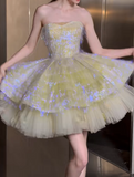 Ndyad Green Strapless A-Line Tulle Short Prom Dresses Sweet 16 Dress HZ1024