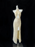 Ndyad Light Yellow Halter Neck Sheath Sequin Evening Dress Elegant Party Dress HZ1024