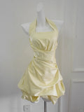 Ndyad Pink Spaghetti Straps A-Line Satin Short Evening Dress Sweet Homecoming Dress HZ1024