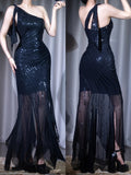 Ndyad Black One Shoulder Mermaid Tulle Sequin Long Prom Dresses Elegant Evening Dresses HZ1024