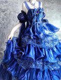 Ndyad Blue Spaghetti Straps A-Line Satin Sequin Long Prom Dresses Gorgeous Birthday Evening Gowns HZ1024