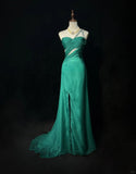 Ndyad Green One Shoulder Sheath Tulle Long Prom Dresses Elegant Evening Gowns HZ1024