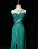 Ndyad Green One Shoulder Sheath Tulle Long Prom Dresses Elegant Evening Gowns HZ1024