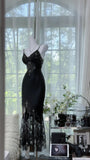 Ndyad Black Spaghetti Straps Mermaid Lace Satin Prom Dresses Vintage Evening Gowns with Beadings HZ1024