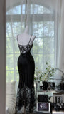 Ndyad Black Spaghetti Straps Mermaid Lace Satin Prom Dresses Vintage Evening Gowns with Beadings HZ1024