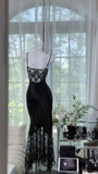 Ndyad Black Spaghetti Straps Mermaid Lace Satin Prom Dresses Vintage Evening Gowns with Beadings HZ1024