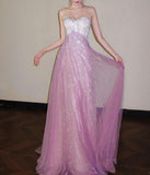 Ndyad Pink Sweetheart A-Line Tulle Sequins Long Prom Dresses Elegant Formal Evening Gowns HZ1024