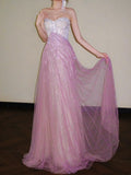 Ndyad Pink Sweetheart A-Line Tulle Sequins Long Prom Dresses Elegant Formal Evening Gowns HZ1024