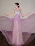 Ndyad Pink Sweetheart A-Line Tulle Sequins Long Prom Dresses Elegant Formal Evening Gowns HZ1024