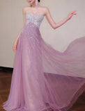 Ndyad Pink Sweetheart A-Line Tulle Sequins Long Prom Dresses Elegant Formal Evening Gowns HZ1024