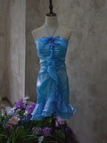 Ndyad Blue Halter Bodycon Chiffon Short Prom Dresses Gorgeous Party Dress HZ1024