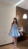 Ndyad Blue Square Neck A-Line Satin Short Prom Dresses Fashion Homecoming Dress HZ1024